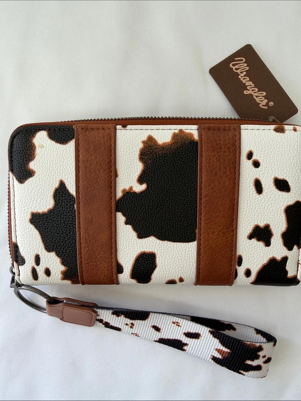 Wrangler Brown, Black & White Cowhide Zip Wallet with Wristlet